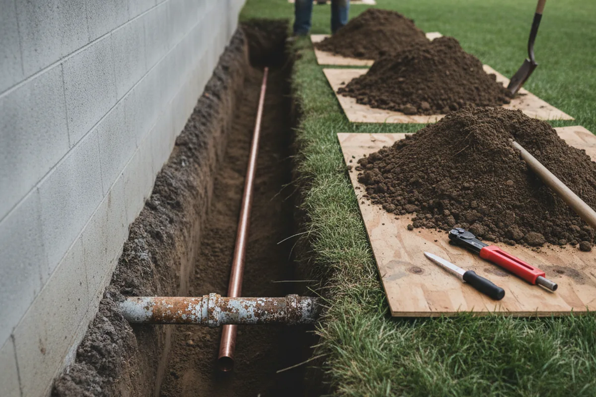 Excavated water line trench during Water Heater Repair in Douglass